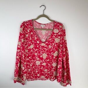 Shyanne Western Womens Large Floral Blouse V Neck Pink Paisley Cottage Cowgirl